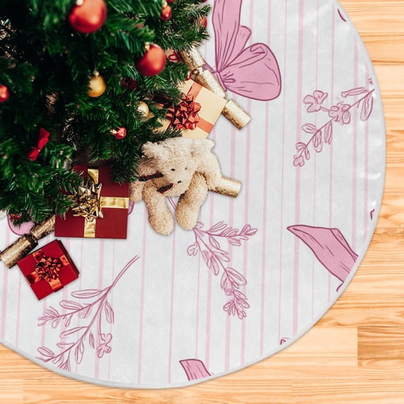 Pink Stripes Bows with Leaves Christmas Tree Skirt Opening Design Floor Protection Holiday Decor 47.2" Diameter M