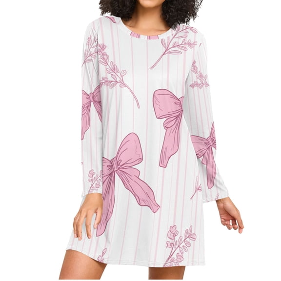Pink Stripes Bows with Leaves Women's Long Sleeves Nightgowns Sleepwear Soft Pajama A-line Sleep Dress XXL
