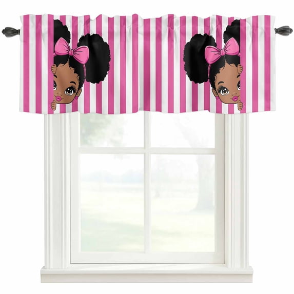 Pink Stripes Farmhouse Short Window Curtain Valances, Cartoon Funny Bow Girl Vertical Striped Rod Pocket Kitchen Valances for Living Room Bedroom Bathroom Cafe 54" x 18"