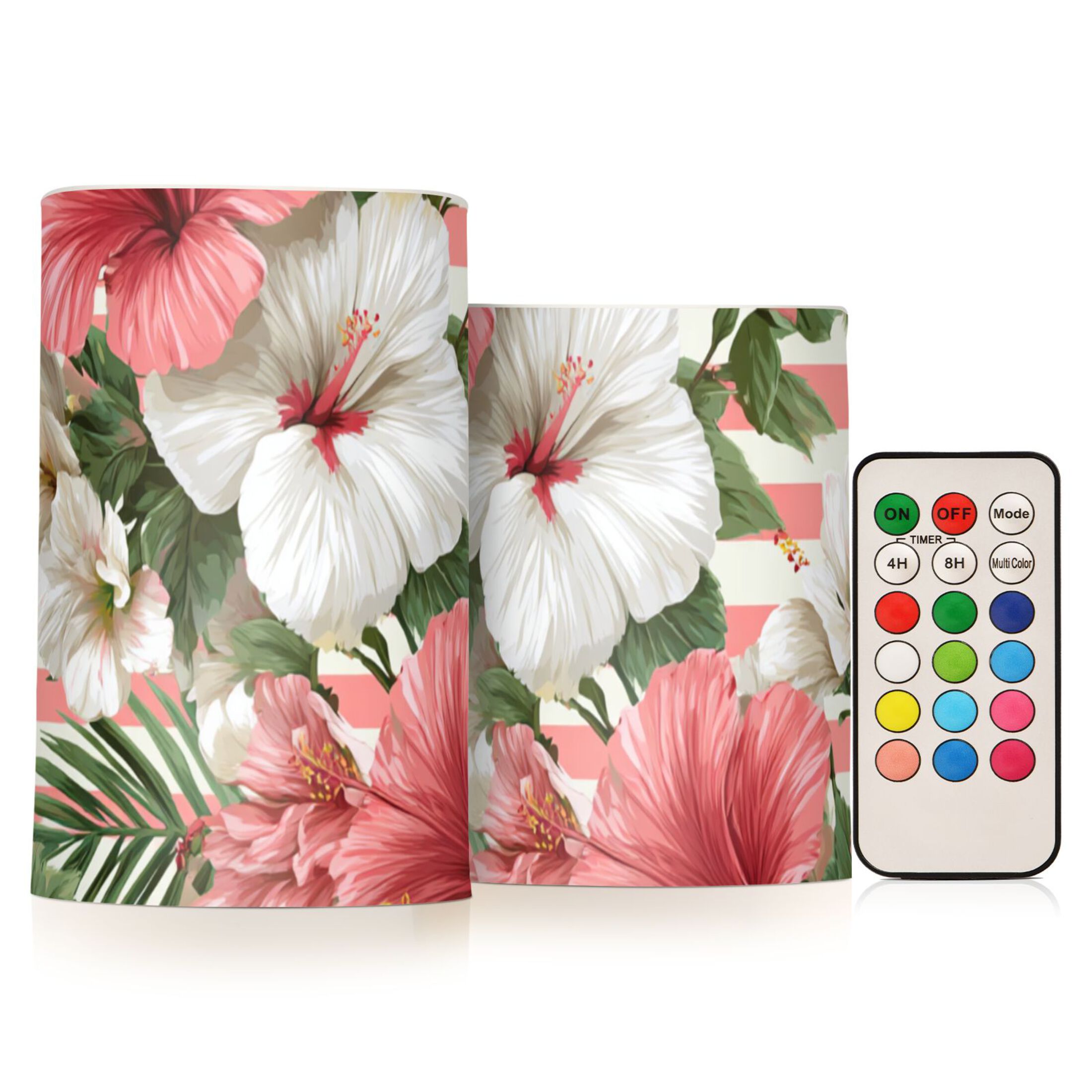 Pink Stripes Hawaiian Flowers Flickering Flameless Candles LED Tealight Battery Operated with Remote Set of 2 Holiday Decor Ornaments