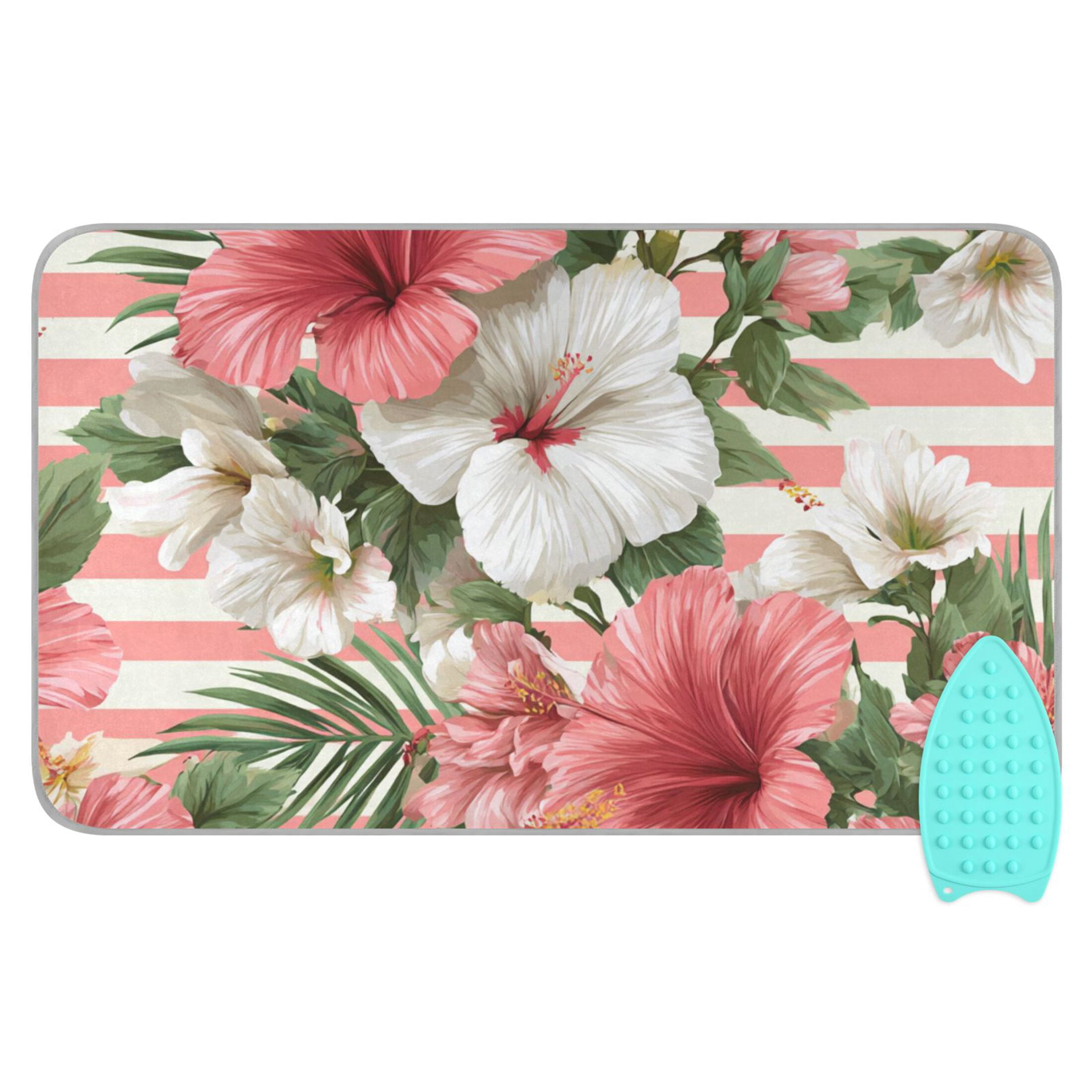 Pink Stripes Hawaiian Flowers Ironing Mat Blanket Portable Travel Ironing Pad Heat Resistant Pad 47.2" x 27.6”