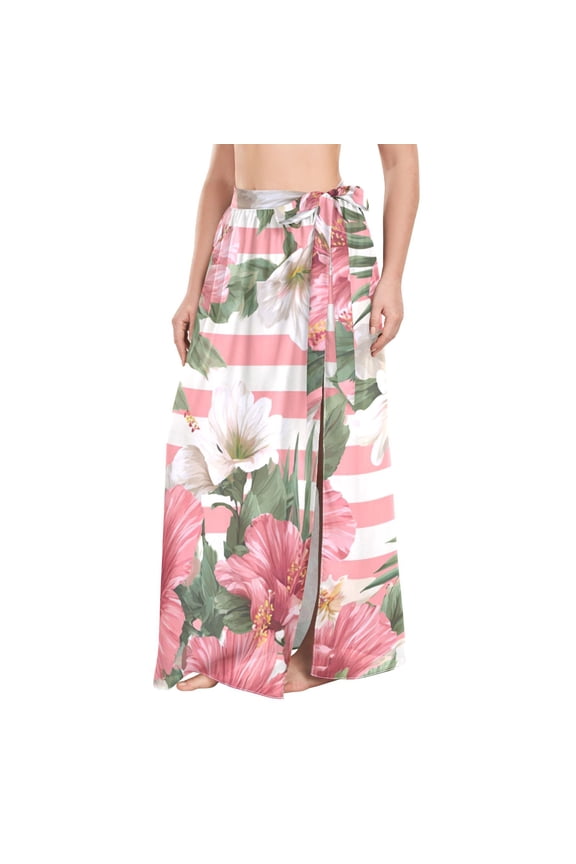 Pink Stripes Hawaiian Flowers Women's Swimwear Cover Ups Strappy Beach Dress Sarong Wrap M