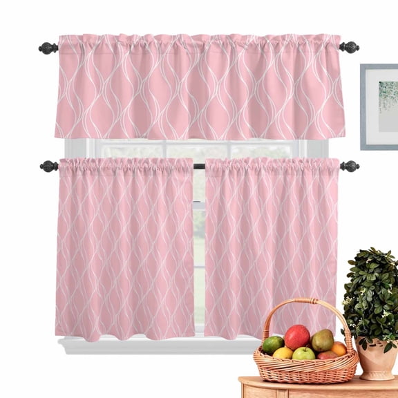 Pink Stripes Lines Kitchen Curtains Valances 3 Piece Set, Abstract Waves Striped Classic Rod Pocket Tier Curtain and Valance Drapes for Small Window 36 Inch Length for Bedroom Cafe