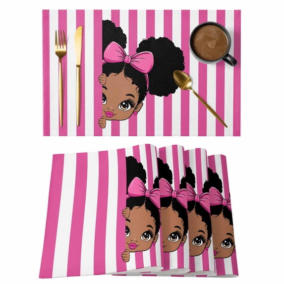Pink Stripes Placemats Set of 8 Cartoon Funny Bow Girl Vertical Striped Place Mats Indoor Wipeable Table Mats Washable Cloth Dining Table Placemats for Kitchen Holiday Party Home Decor 13x19 Inch