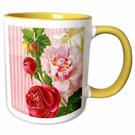 3drose, Pink Stripes Red and Pink Roses, 11oz Two-tone Yellow Mug