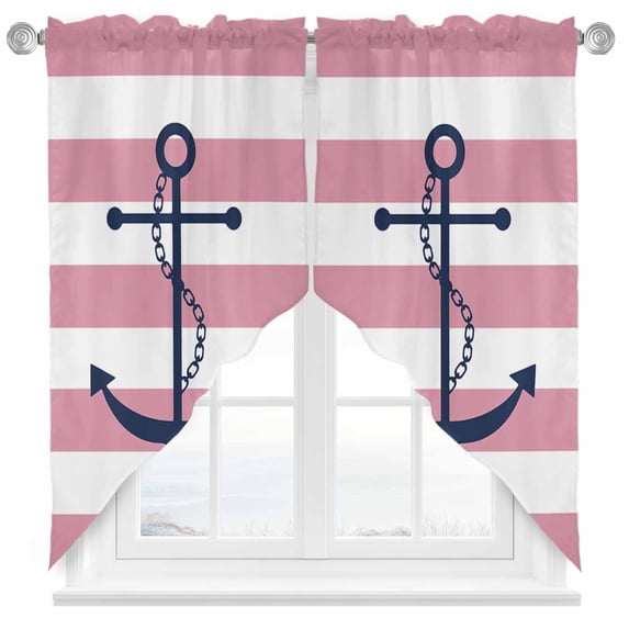 Pink Stripes Swag Valances for Windows 2 Pack Anchor Nautical Geometric Swag Kitchen Curtains 63 Inches Long Rod Pocket Short Window Treatment for Kitchen Bathroom 36"x63"