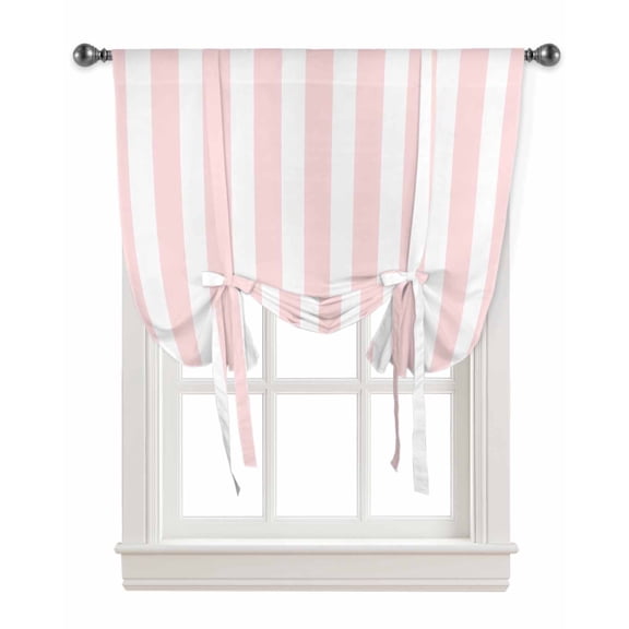 Pink Stripes Tie Up Curtains for Kitchen Bathroom Bedroom Windows 45 Inch Length, Farmhouse White Simple Vertical Striped Balloon Drape Curtains Shade Rod Pocket Drapery Curtain Panel, 34"x45"