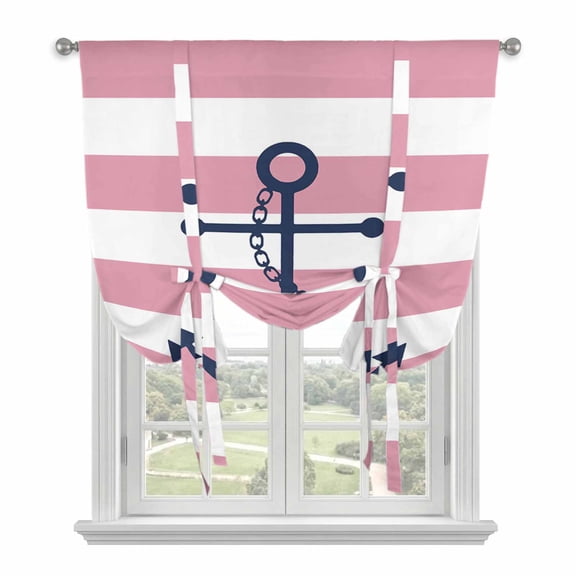 Pink Stripes Tie Up Curtains Window Shades, Anchor Nautical Geometric Rod Pocket Tie Up Window Shade Adjustable Balloon Curtain Shade for Blinds Kitchen Bathroom, 1 Panel, 52"x63"