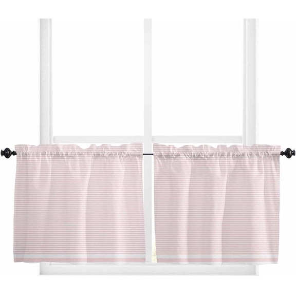 Pink Stripes Window Tier Curtains 24 Inch Length, Modern Art Rustic Peach Striped Rod Pocket Window Treatment Kitchen Drapes for Bedroom, Cafe, Living Room, 2 Panels, 27.5 W x 24 L