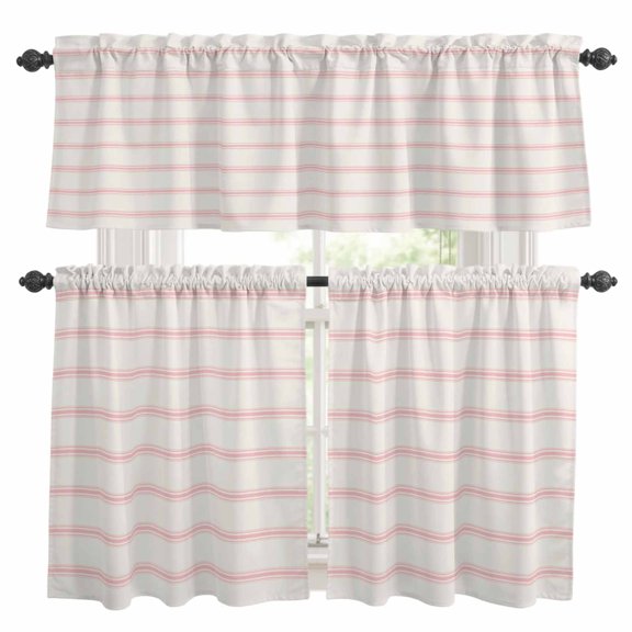 Pink Strips Kitchen Curtains Valances and Tiers Set of 3 Classic Pink Lines Tier Curtains and Valance with Rod Pocket for Small Windows, 27.5"x24"