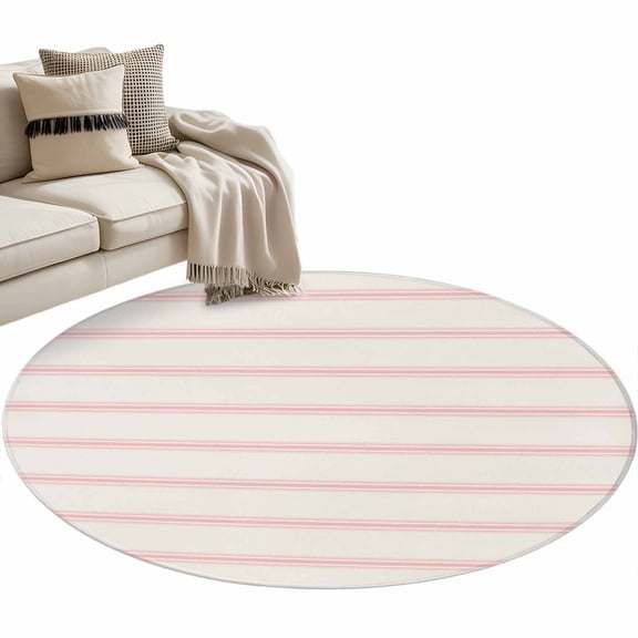 Pink Strips Round Area Rug 3 ft Classic Pink Lines Abstract Nature Khaki Washable Rugs for Living Room, Non Slip Soft Carpet for Bedroom Entryway Dining Room