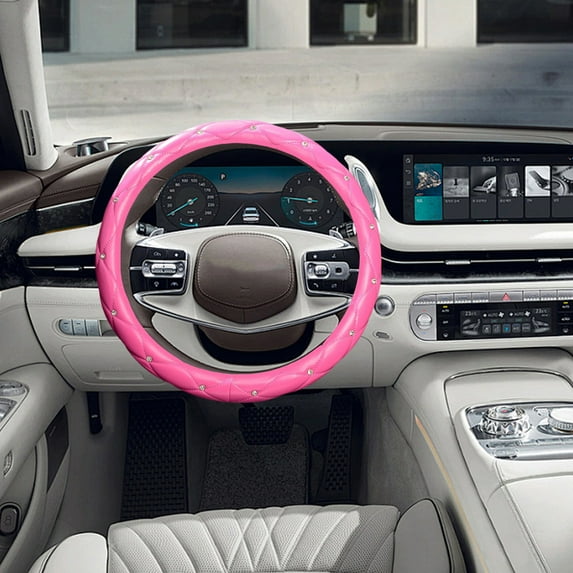 Pink Studded Car Steering Wheel Cover with Decorative Pattern for Vehicle Interior Upgrade and Enhanced Grip