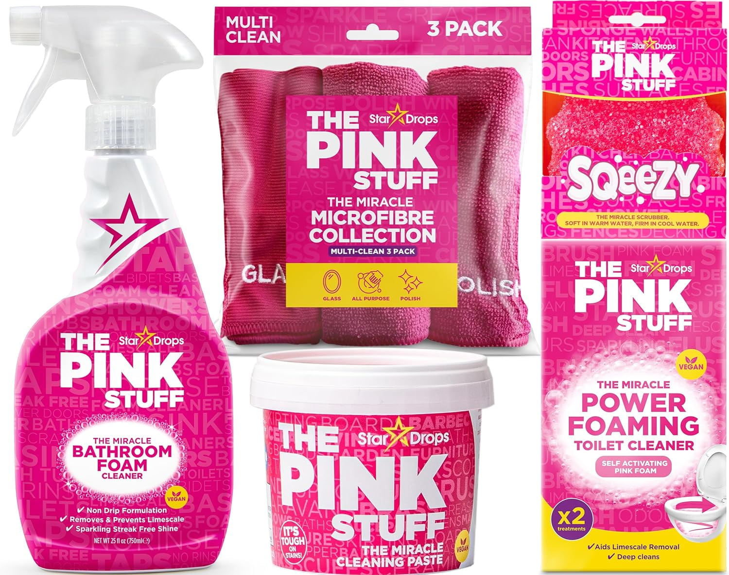The Pink Stuff Bathroom Cleaning Kit – Cleaning Paste, Bathroom Foam Spray, Toilet Foaming Powder, SQeeZY Sponge & 3 Microfiber Cloths – Tough on Stains, Grease & Soap Scum – Deep Clean Essentials