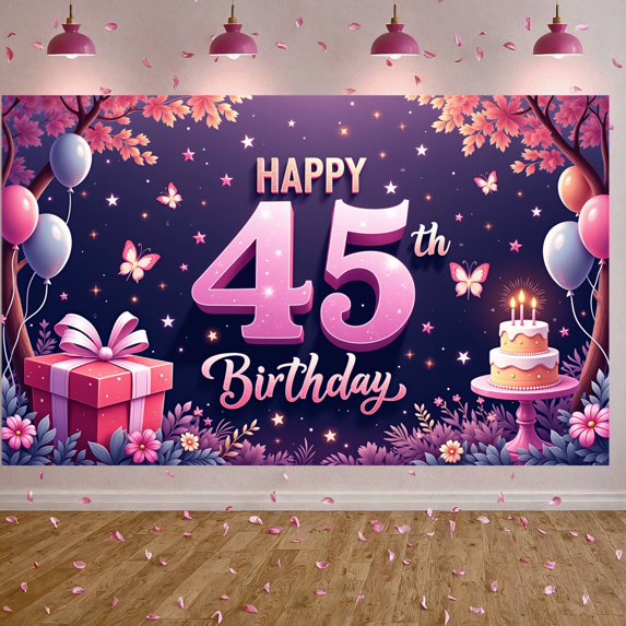 Pink Style 45th Birthday Banner Butterfly Decor Backdrop Glittery Numbers Balloon Elements Birthday Celebration Display for 45th Birthday Party Indoor Party Decoration Birthday Photo Shoot
