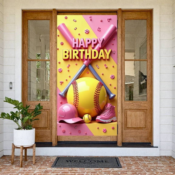 Pink Style Banner 3D Lettering Softball Birthday Backdrop Girlish Style Colorful Design Birthday Background for Girls Birthday Party Softball Themed Party Birthday Photo Shoot
