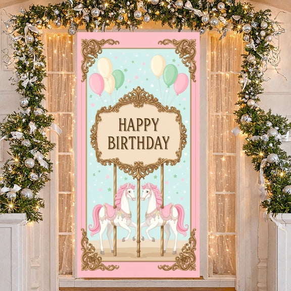 Pink Style Banner Carousel Theme Birthday Backdrop Ornate Golden Frame Colorful Balloons Party Display for Girls Birthday Party Photo Shoot Indoor Celebration