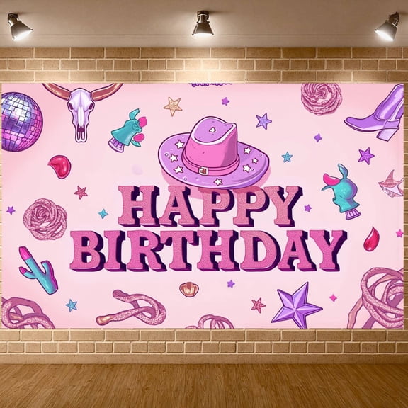 Pink Style Banner Cowgirl Theme Cowgirl Party Display Star Pattern Disco Ball Design Pink Birthday Backdrop for Birthday Party Cowgirl Celebration Pink Themed Event