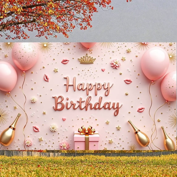 Pink Style Banner Gold Accents Birthday Party Display Balloon Decor Crown Design Celebration Backdrop for Birthday Party Girls' Celebration Indoor Decoration