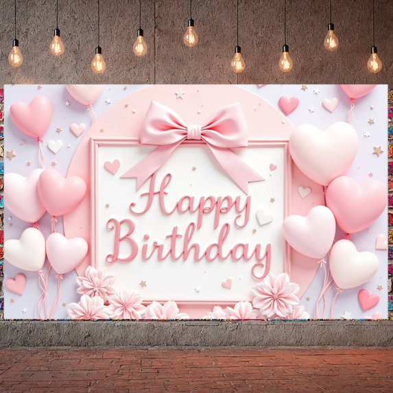 Pink Style Banner Heart-shaped Birthday Display Bowknot Decor Floral Pattern Romantic Backdrop for Birthday Party Girls' Party Photo Shoot