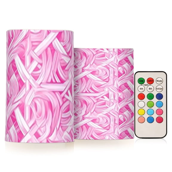 Pink Style Pattern Flickering Flameless Candles Battery Operated with Remote Timer LED Pillar Candles Set of 2