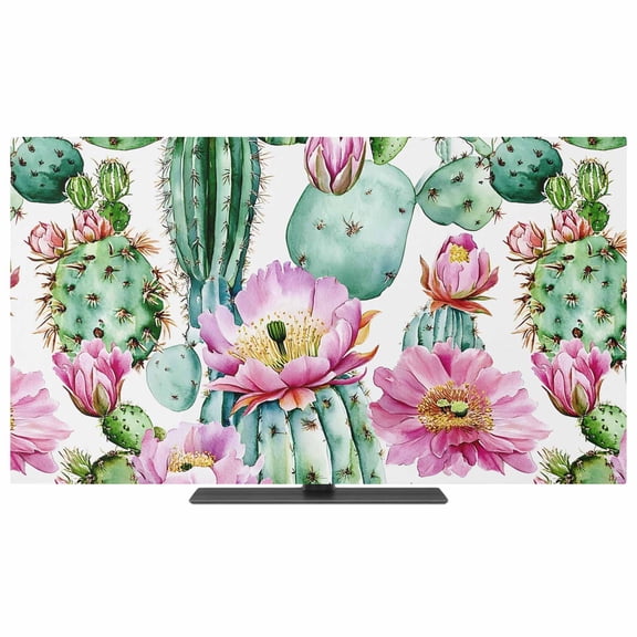 Pink Succulent TV Dust Cover,Stretchable TV Screen Desktop Computer Protector Cover,Green Cactus Watercolor Pastoral Television Dustproof Slipcover Indoor Outdoor for 19–24 Inch Flat or Curved TVs
