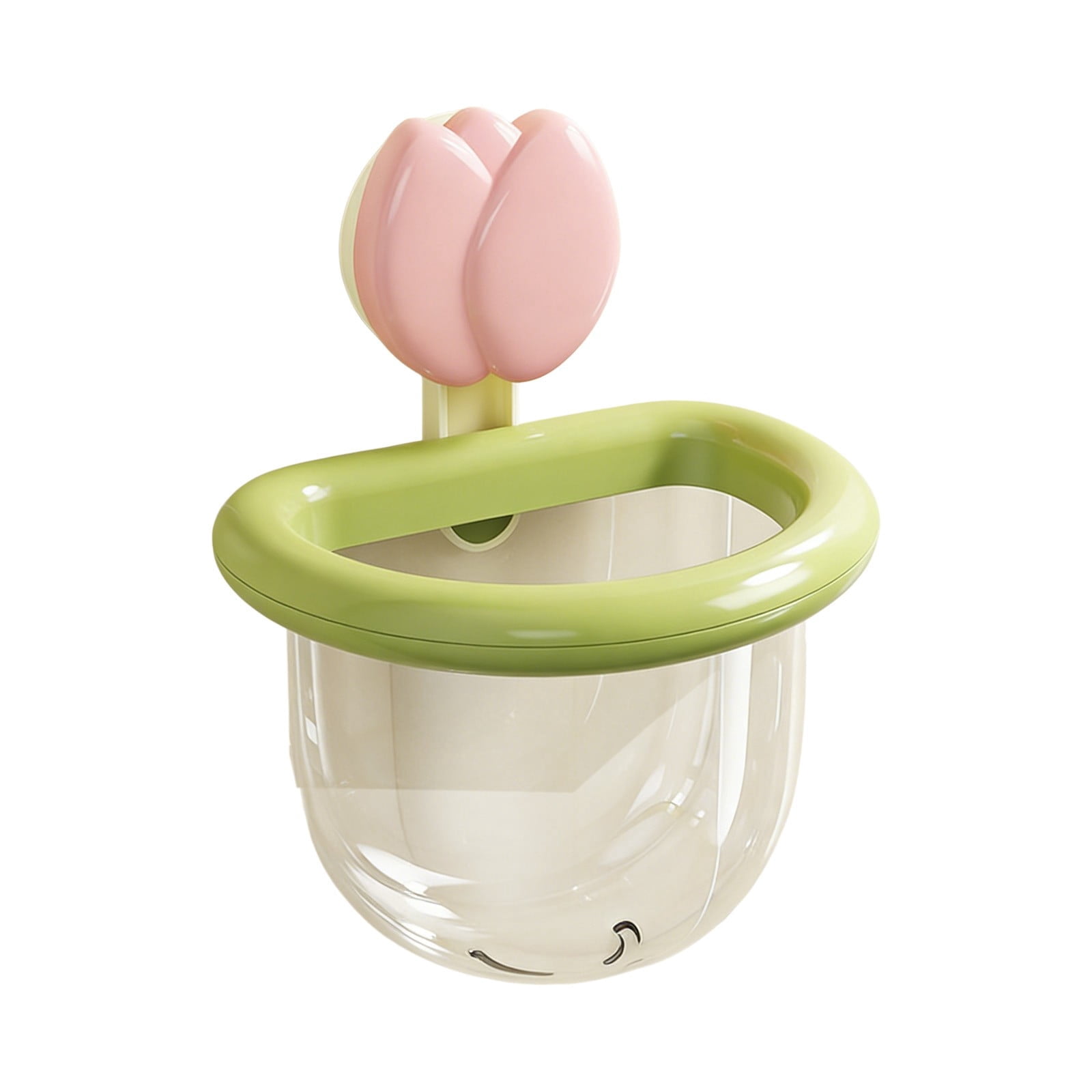 Pink Suction Cup Storage Cup With Flower Shape And Green Ring For Bathroom Kitchen Wall Mount No Tools Installation With Drain Holes