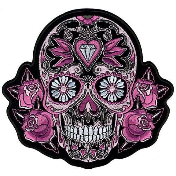 Pink Sugar Skull and Roses, Embroidered Iron-on/Saw-on, Heat Sealed Backing Rayon Patch - 8" x 8"