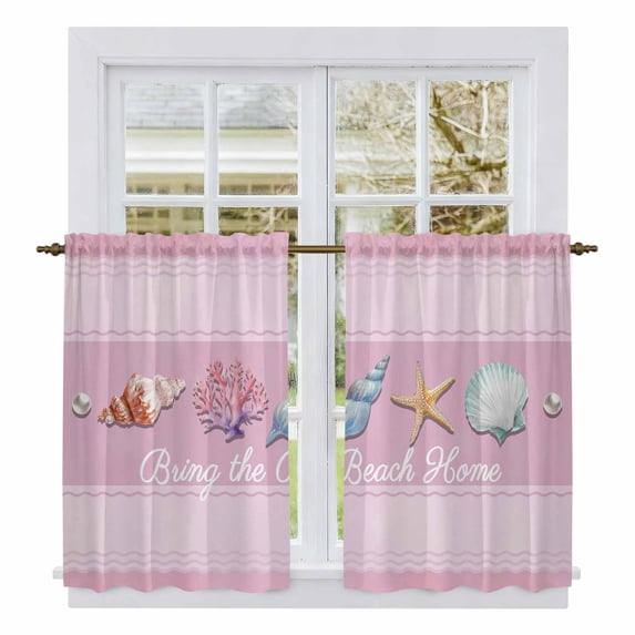 Pink Summer Coastal Kitchen Curtains 54 Inch Length, Modern Ocean Waves Starfish Shell Tiers Curtains for Bathroom Bedroom Cafe, Light Filtering Small Window Treatment Short Drapes 2 Panels 42"Wx54"L