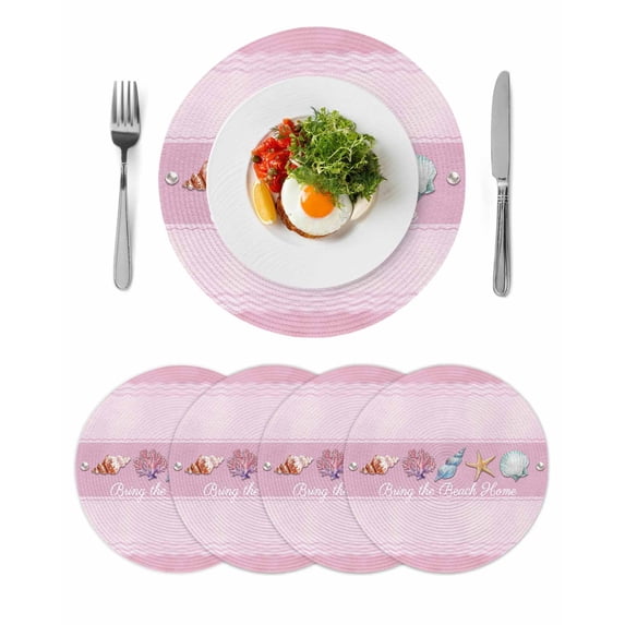 Pink Summer Coastal Round 15 Inch Placemats Set of 4, Modern Ocean Waves Starfish Shell HeatResistant Non Slip Place Mats for Dining Table, Wipeable Braided Kitchen Table Mats for Housewarming