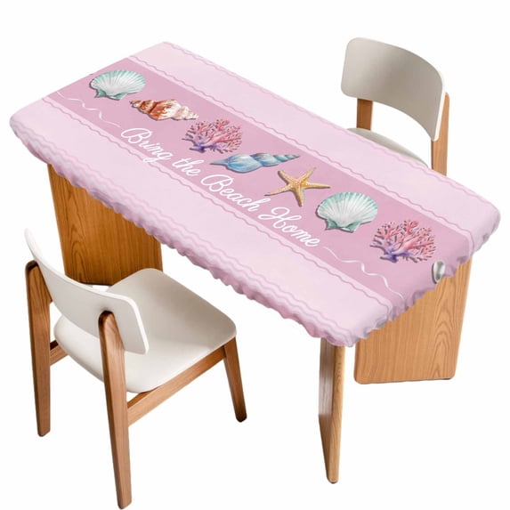 Pink Summer Coastal Table Cloths for 5 Foot Rectangle Tables, Modern Ocean Waves Starfish Shell Patio Waterproof Elastic Fitted Tablecloths, Washable Rectangular Table Cover for Camping