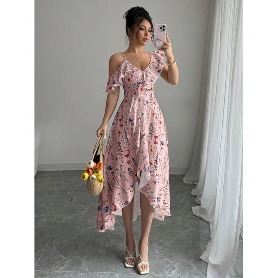 Pink Summer Elegant Off-Shoulder Asymmetrical Ruffle Floral Print Midi Dress