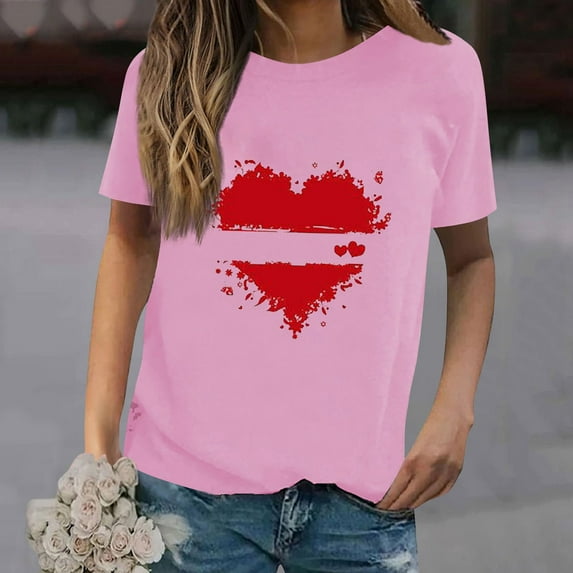 Pink Summer Outfits For Women, Spandex Womens Fitted T Shirts, Tank Tops For Women, Juniors Tops, Women's New Summer Valentine's Day Simple Love Printed Round Neck Short Sleeved T Shirt Casual Top