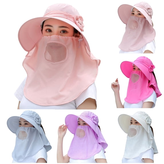 Pink Sun Hat Sun Hat with Removable Face Cover and Neck Flap Polyester UPF 50+ UV Protection Waterproof Packable Bucket Hat for Men & Women, Fishing Hiking Beach Garden One Size