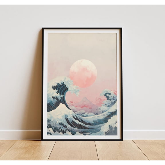 Pink Sun Ocean Wave Print, Japandi Coastal Wall Art Unframed Paper Print
