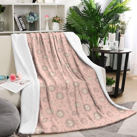 Pink Sun Planet Moon Star Pattern Blanket,Comfortable Soft Flannel Throw Blanket,All Season,Warm Lightweight Blankets for Sofa Bed Couch Living Room Chair,40"x50"