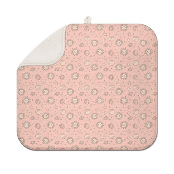 Pink Sun Planet Moon Star Pattern Dish Drying Mat for Kitchen 1 Pack, Ultra Absorbent Microfiber Dishes Drainer Mats,16"x18"