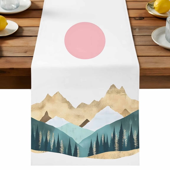 Pink Sun Table Runner, Gold Mountain Cotton Linen Table Cloth, Watercolor Forest Tablerunner for Kitchen Dining Party Wedding Home Decor 13x36 Inch
