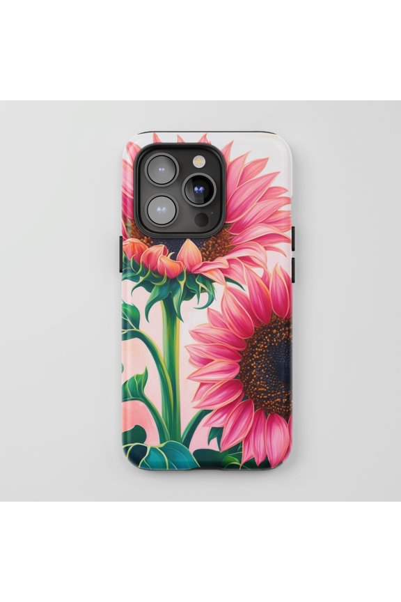 Pink Sunflower For All iPhone Series Protective Phone Case Botanical Art Pink Green