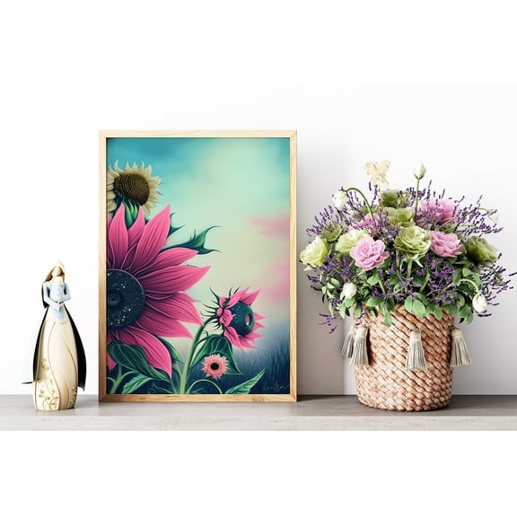 Pink Sunflower Wall Art, Sunflower Print, Floral Botanical Print, Sunflowers Wall Decor, Pink Wall Art, Trendy Art Print,Dining Room Decor, Bedroom Art, Art Decor, Frameless 8x10inch