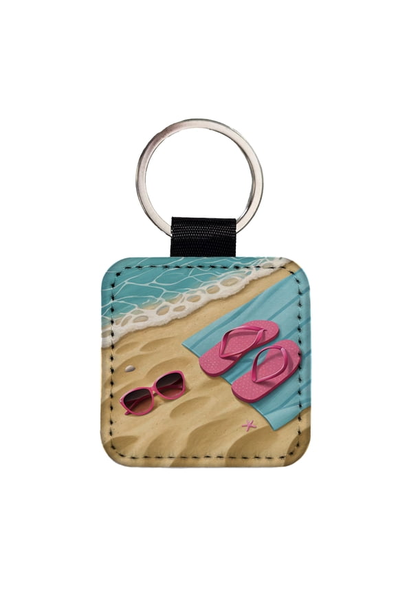 Pink Sunglasses Flip Flops Towel On Sand Beach Faux Leather Square Keychain