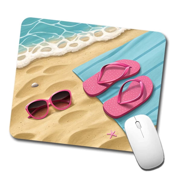 Pink Sunglasses Flip Flops Towel On Sand Beach Mouse Pad Low Profile Gaming Mat