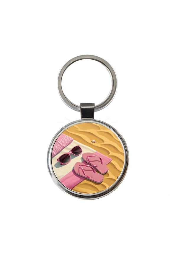 Pink Sunglasses Flip Flops Towel On Sand Cute Metal Round Keychain