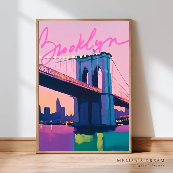 Pink Sunset Brooklyn Bridge Print NYC Skyline Pastel Cityscape, Unframed Canvas 8x10in