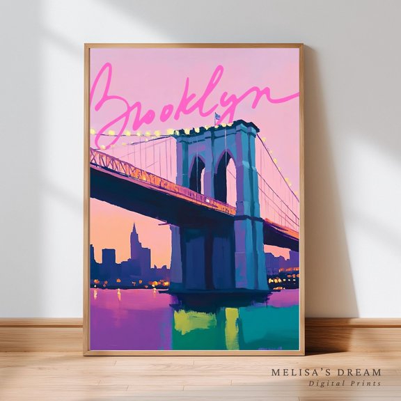 Pink Sunset Brooklyn Bridge Print NYC Skyline Pastel Cityscape, Unframed Paper Poster 8x10in