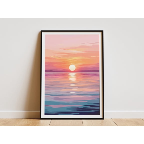 Pink Sunset Ocean Poster Beach Sunset Wall Art Calm Sea Print Coastal Decor Modern Summer Art Ocean View Pink Sky Sunset Painting Seascape
