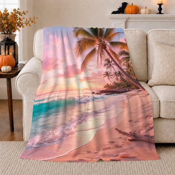 Pink Sunset Palm Beach with Glassy Water, Romantic Coastal Style for Beach Lovers, Tropical Island Scene and Anniversary Gift, Cozy Flannel Blanket for Bedroom and Sofa, Nautical Home Decor