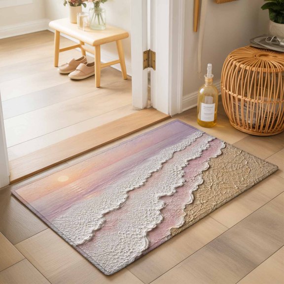 Pink Sunset Tide 2'x3' Small Rugs for Entryway Front Door Kitchen Sink Area, Coastal Waves Golden Beach Shore Layered Plaster Soft Sturdy Mats Washable Non Slip Rectangle Area Rug