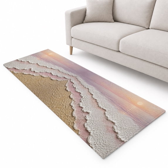 Pink Sunset Tide Runner Rug 2.6'x8', Coastal Waves Golden Beach Shore ...