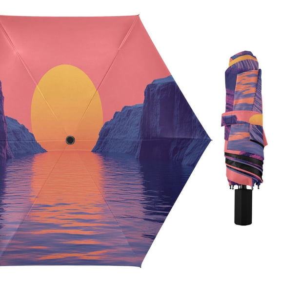 Pink Sunset over Sea Compact Sun Umbrella Windproof Travel Umbrellas for Rain Strong Portable UV Protection