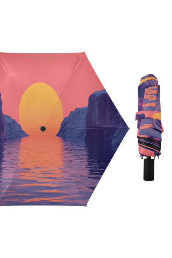 Pink Sunset over Sea Compact Sun Umbrella Windproof Travel Umbrellas for Rain Strong Portable UV Protection